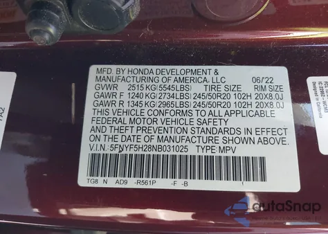 2022 Honda Pilot 2Wd Special Edition z USA, uszkodzony, nr VIN 5FNYF5H28NB031025